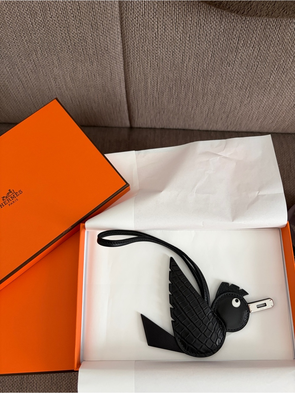 Hermes Birdy Charm in Black, Silver Hardware